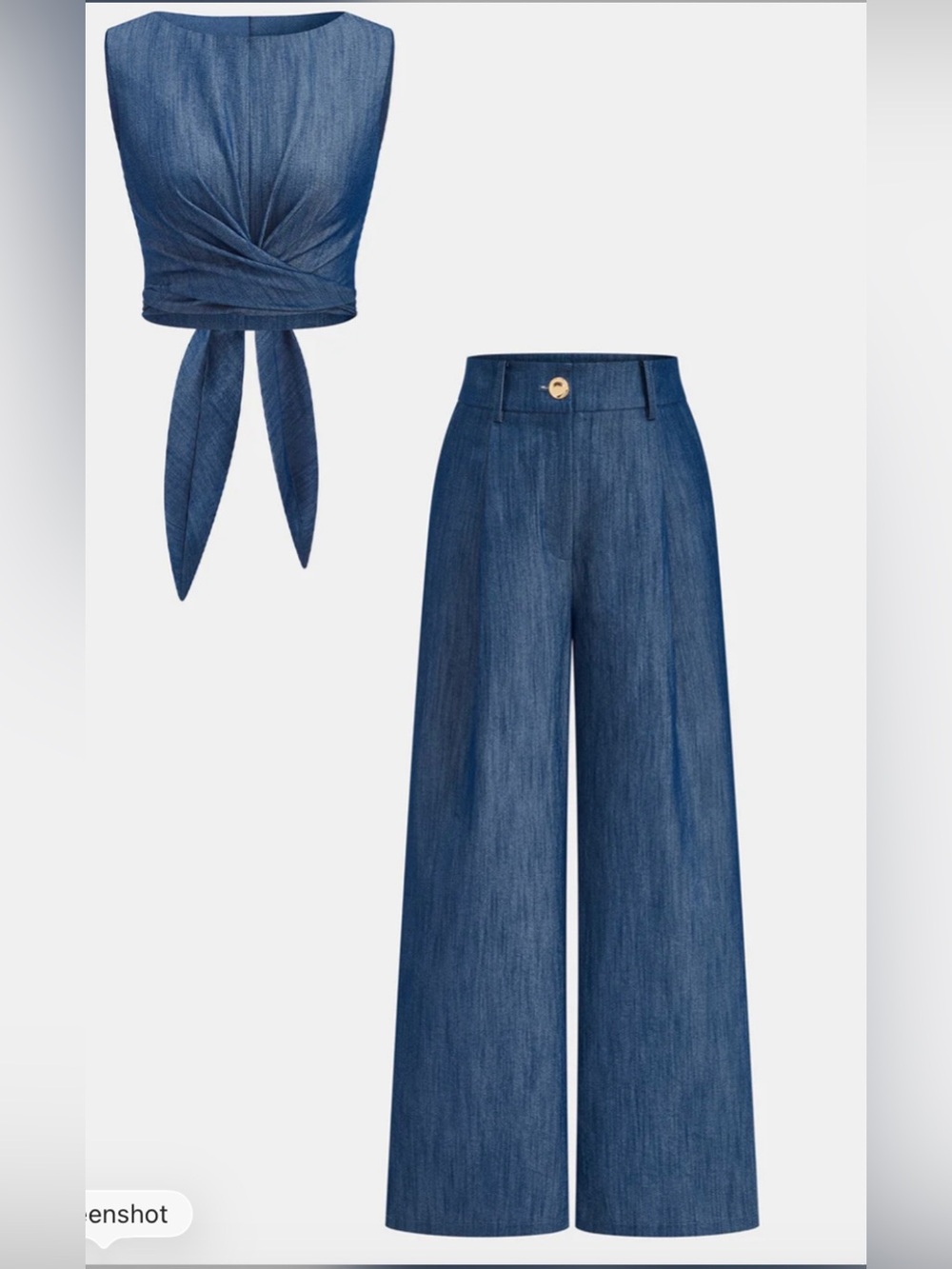 Commense High-Waist Wide Leg Den Pants with Tie Crop Top